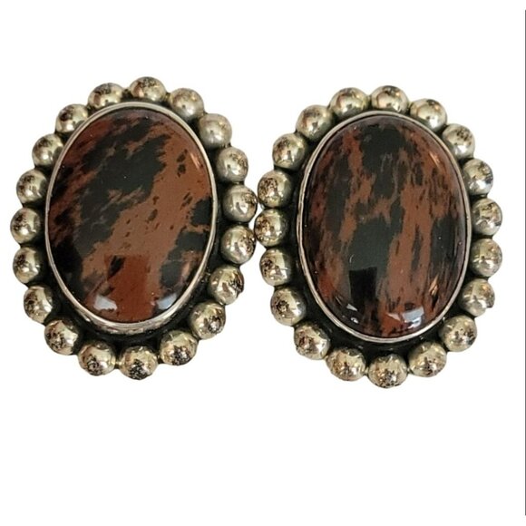 Sterling 925 Mexico Mahogany Obsidian Oval Clip On Earrings K49 - Picture 9 of 9